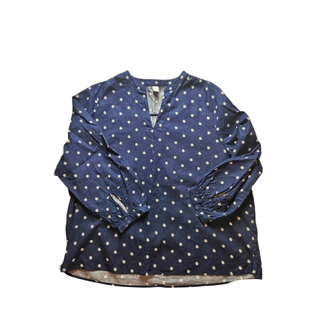 Old‎ Navy Womens Navy Blue Daisy Floral Linen Blend Split Neck Blouse Large